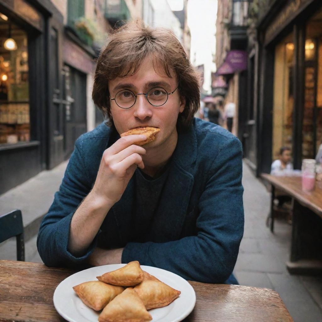 Harry Potter sitting at a café in Diagon Alley, savoring the taste of an Indian delicacy, a crispy samosa, with an expression of delight and wonder.