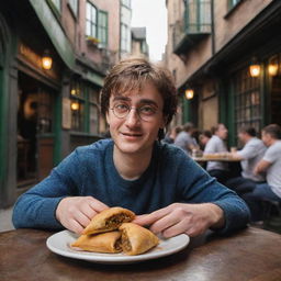 Harry Potter sitting at a café in Diagon Alley, savoring the taste of an Indian delicacy, a crispy samosa, with an expression of delight and wonder.