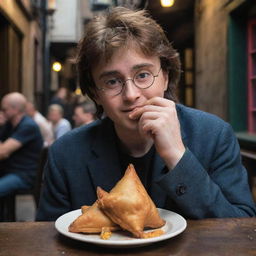 Harry Potter sitting at a café in Diagon Alley, savoring the taste of an Indian delicacy, a crispy samosa, with an expression of delight and wonder.