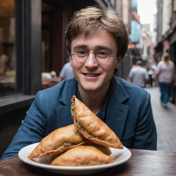 Harry Potter sitting at a café in Diagon Alley, savoring the taste of an Indian delicacy, a crispy samosa, with an expression of delight and wonder.