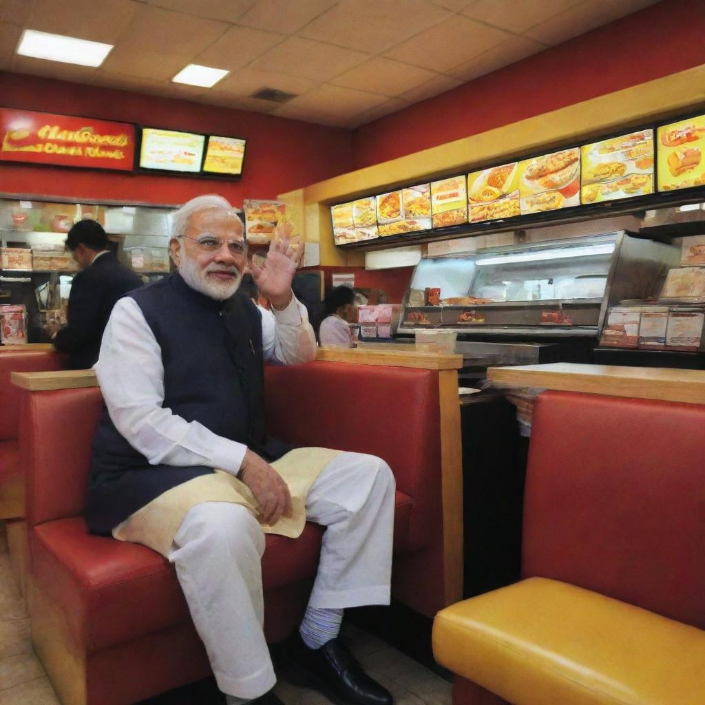 India's Prime Minister, Narendra Modi, casually seated inside a McDonald's, capturing the fusion of global fast food culture and local Indian politics.