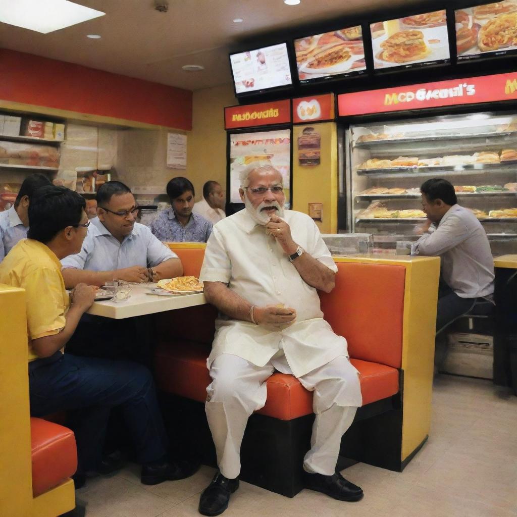 India's Prime Minister, Narendra Modi, casually seated inside a McDonald's, capturing the fusion of global fast food culture and local Indian politics.