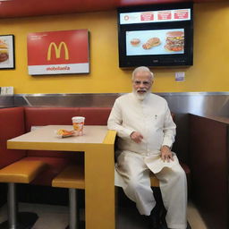 India's Prime Minister, Narendra Modi, casually seated inside a McDonald's, capturing the fusion of global fast food culture and local Indian politics.