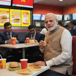 India's Prime Minister, Narendra Modi, casually seated inside a McDonald's, capturing the fusion of global fast food culture and local Indian politics.