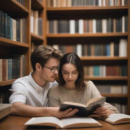 A harmonious scene of a girlfriend and boyfriend deeply engrossed in reading books together in a well-stocked, tranquil library.