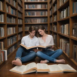 A harmonious scene of a girlfriend and boyfriend deeply engrossed in reading books together in a well-stocked, tranquil library.