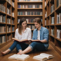 A harmonious scene of a girlfriend and boyfriend deeply engrossed in reading books together in a well-stocked, tranquil library.