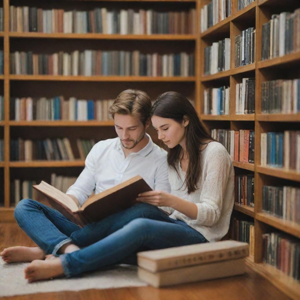 A harmonious scene of a girlfriend and boyfriend deeply engrossed in reading books together in a well-stocked, tranquil library.