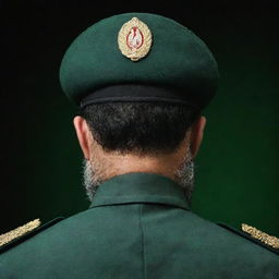 A rear view of an IRGC guard with a wheat-colored beard, wearing a jade green military uniform, set against a stark black and dark green background.