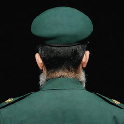 A rear view of an IRGC guard with a wheat-colored beard, wearing a jade green military uniform, set against a stark black and dark green background.