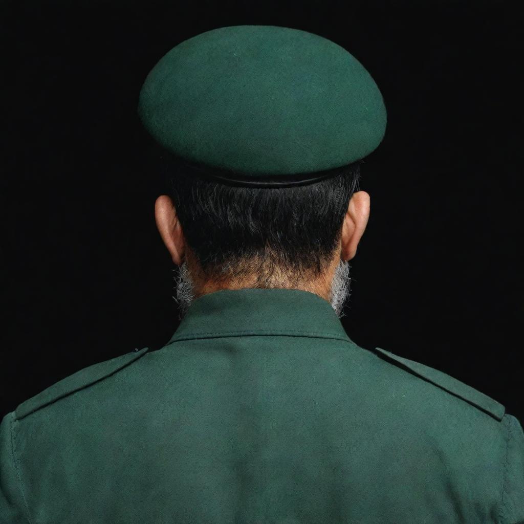 A rear view of an IRGC guard with a wheat-colored beard, wearing a jade green military uniform, set against a stark black and dark green background.