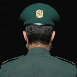 A rear view of an IRGC guard with a wheat-colored beard, wearing a jade green military uniform, set against a stark black and dark green background.