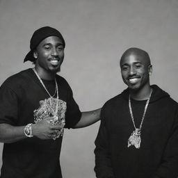 Generate an image of the rappers Mozzy and 2Pac having a friendly interaction in a relaxed environment, with photographic realism