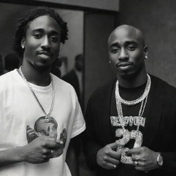 Generate an image of the rappers Mozzy and 2Pac having a friendly interaction in a relaxed environment, with photographic realism