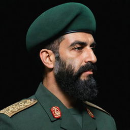 Profile view of an IRGC guard with a wheat-colored beard, dressed in a jade green military uniform, set against a black and dark green background.