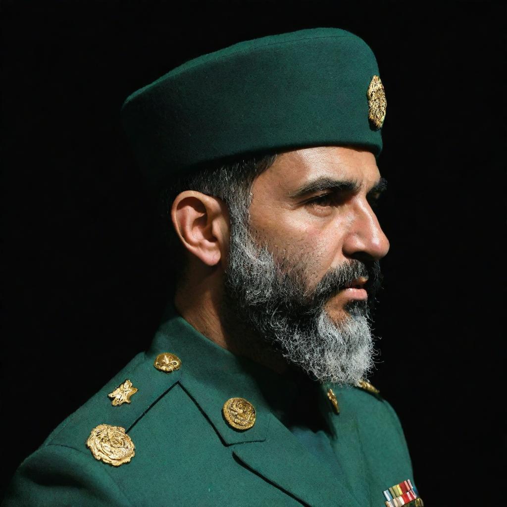 Profile view of an IRGC guard with a wheat-colored beard, dressed in a jade green military uniform, set against a black and dark green background.