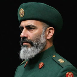 Profile view of an IRGC guard with a wheat-colored beard, dressed in a jade green military uniform, set against a black and dark green background.