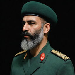 Profile view of an IRGC guard with a wheat-colored beard, dressed in a jade green military uniform, set against a black and dark green background.