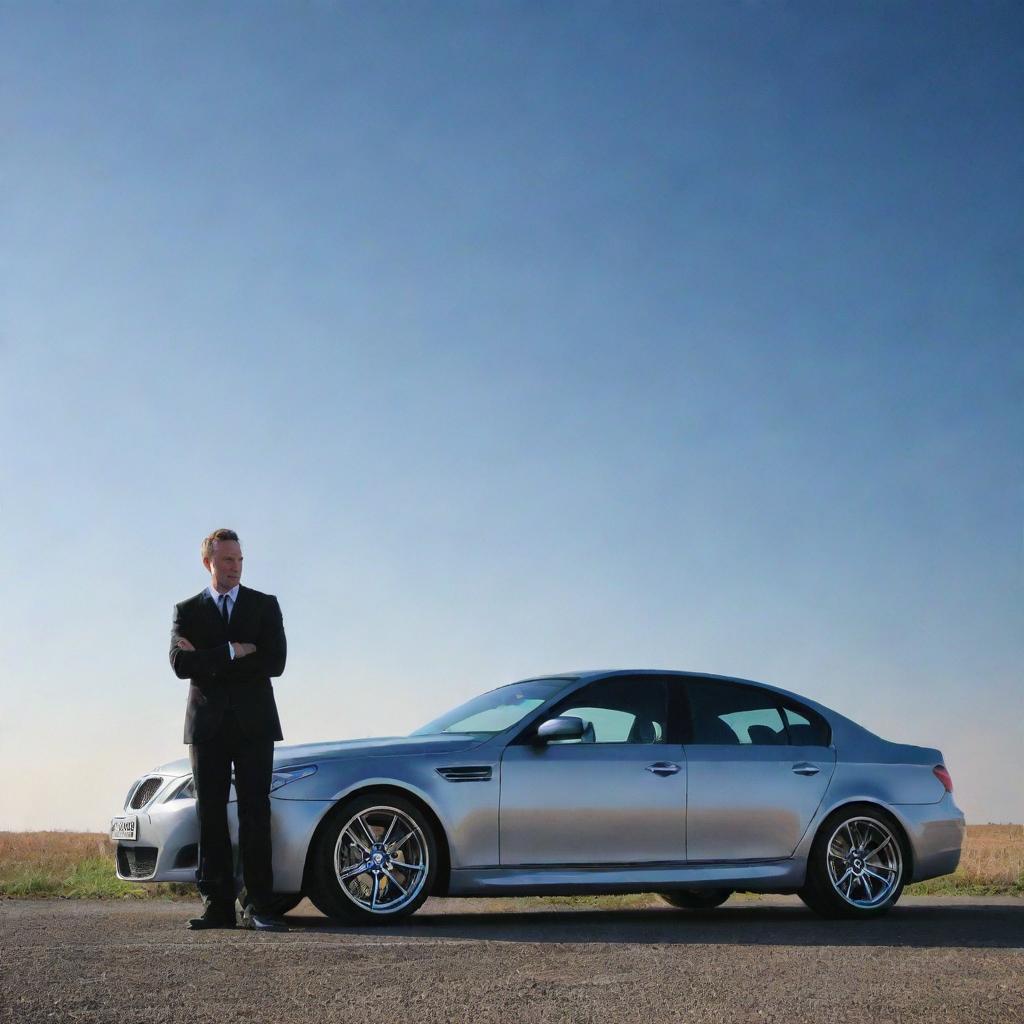 A dapper man admiring a finely polished BMW M5 E60 under a clear sky.