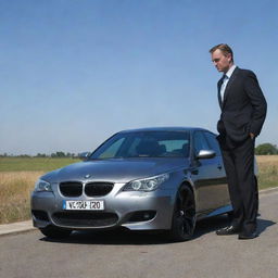 A dapper man admiring a finely polished BMW M5 E60 under a clear sky.