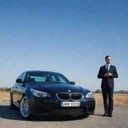 A dapper man admiring a finely polished BMW M5 E60 under a clear sky.
