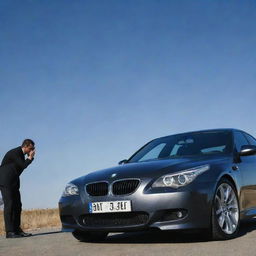 A dapper man admiring a finely polished BMW M5 E60 under a clear sky.