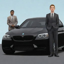 A cartoon rendering of a dapper teen boy admiring his sleek black BMW M5 E60, his eyes twinkling with fascination.