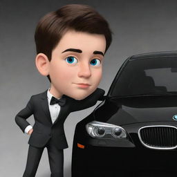 A cartoon rendering of a dapper teen boy admiring his sleek black BMW M5 E60, his eyes twinkling with fascination.