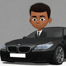 A cartoon rendering of a dapper teen boy admiring his sleek black BMW M5 E60, his eyes twinkling with fascination.