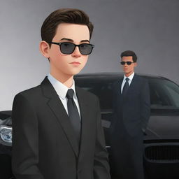 A cartoon rendering of a dapper teen boy admiring his sleek black BMW M5 E60, his eyes twinkling with fascination.