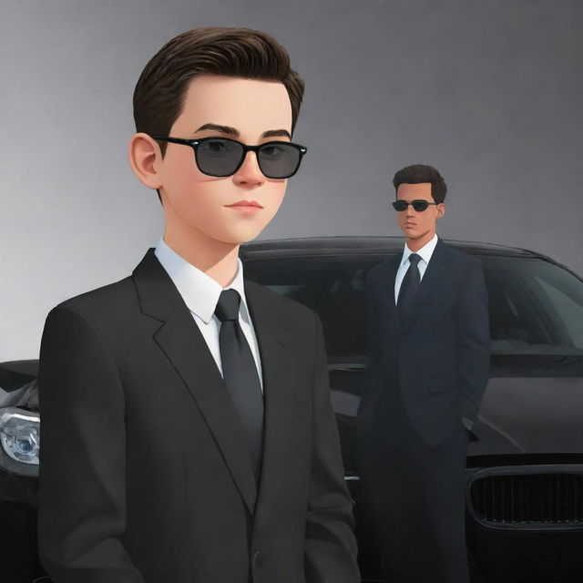 A cartoon rendering of a dapper teen boy admiring his sleek black BMW M5 E60, his eyes twinkling with fascination.