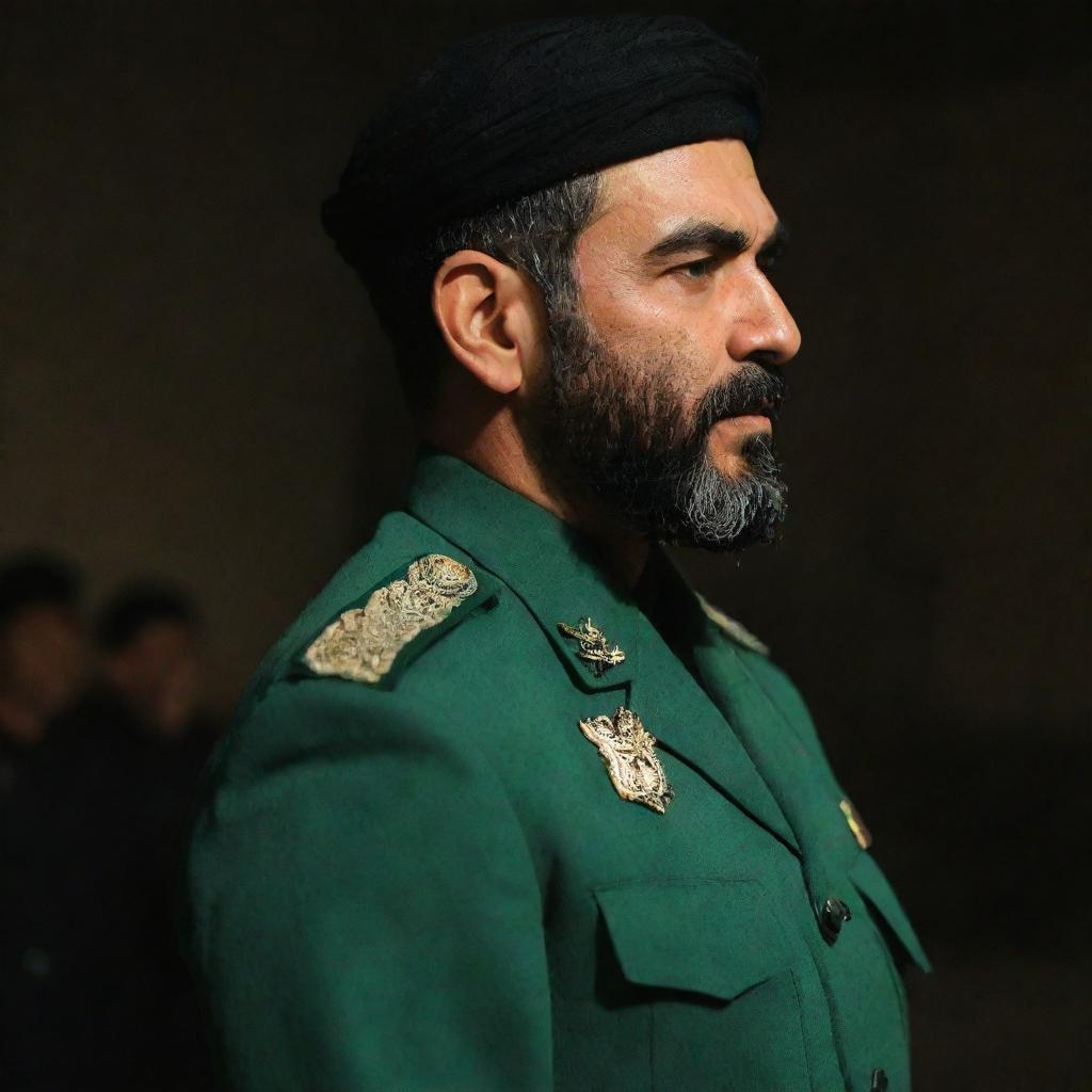 Rear profile view of an IRGC guard with a wheat beard, adorned in a jade green military uniform, standing solemnly in a dimly lit environment.