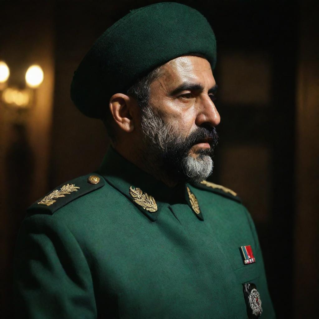 Rear profile view of an IRGC guard with a wheat beard, adorned in a jade green military uniform, standing solemnly in a dimly lit environment.