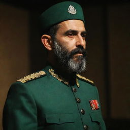 Rear profile view of an IRGC guard with a wheat beard, adorned in a jade green military uniform, standing solemnly in a dimly lit environment.