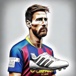 A high-quality digital art image depicting the soccer player Messi drawn on a shoe