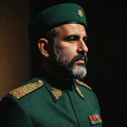 Rear profile view of an IRGC guard with a wheat beard, adorned in a jade green military uniform, standing solemnly in a dimly lit environment.