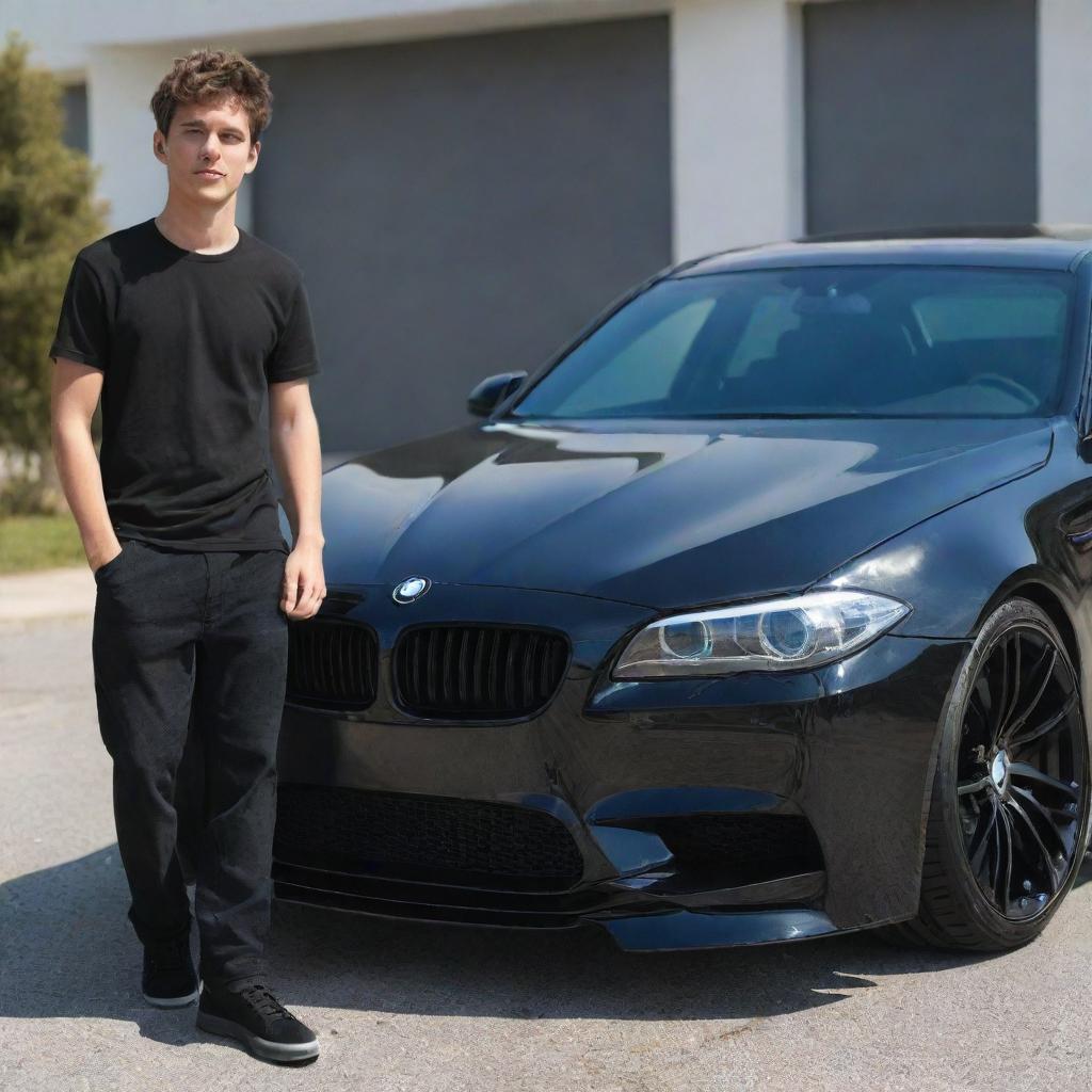 An AI-generated image of a stylish teenager, his gaze locked onto his shiny black BMW M5 E60, car and boy gleaming under the sunlight.