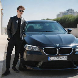 An AI-generated image of a stylish teenager, his gaze locked onto his shiny black BMW M5 E60, car and boy gleaming under the sunlight.