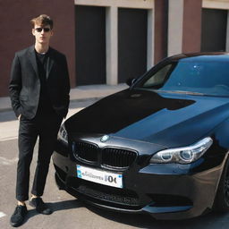 An AI-generated image of a stylish teenager, his gaze locked onto his shiny black BMW M5 E60, car and boy gleaming under the sunlight.