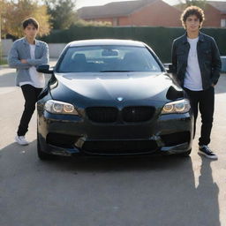 An AI-generated image of a stylish teenager, his gaze locked onto his shiny black BMW M5 E60, car and boy gleaming under the sunlight.