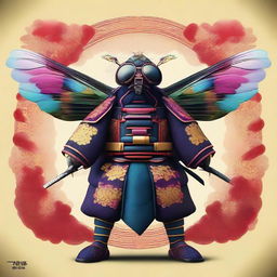 A digital art piece showcasing a fly in the attire of a Samurai