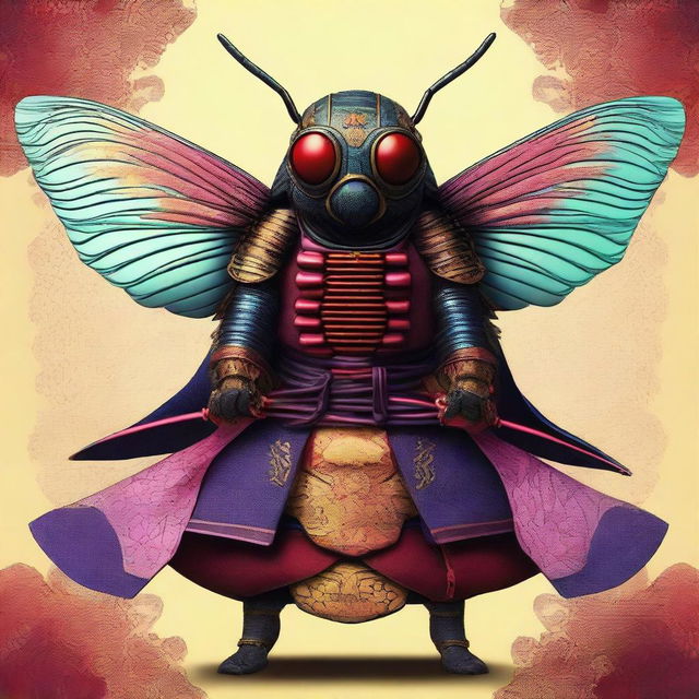 A digital art piece showcasing a fly in the attire of a Samurai