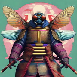 A digital art piece showcasing a fly in the attire of a Samurai