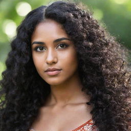 A beautiful girl with long curly black hair, dark skin, and arched eyebrows. Her light brown eyes accentuate her Indian features.