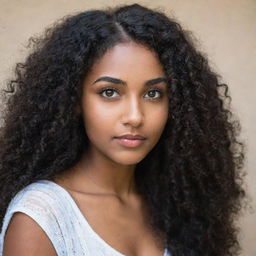 A beautiful girl with long curly black hair, dark skin, and arched eyebrows. Her light brown eyes accentuate her Indian features.