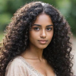 A beautiful girl with long curly black hair, dark skin, and arched eyebrows. Her light brown eyes accentuate her Indian features.