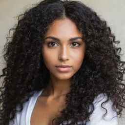 A beautiful girl with long curly black hair, dark skin, and arched eyebrows. Her light brown eyes accentuate her Indian features.