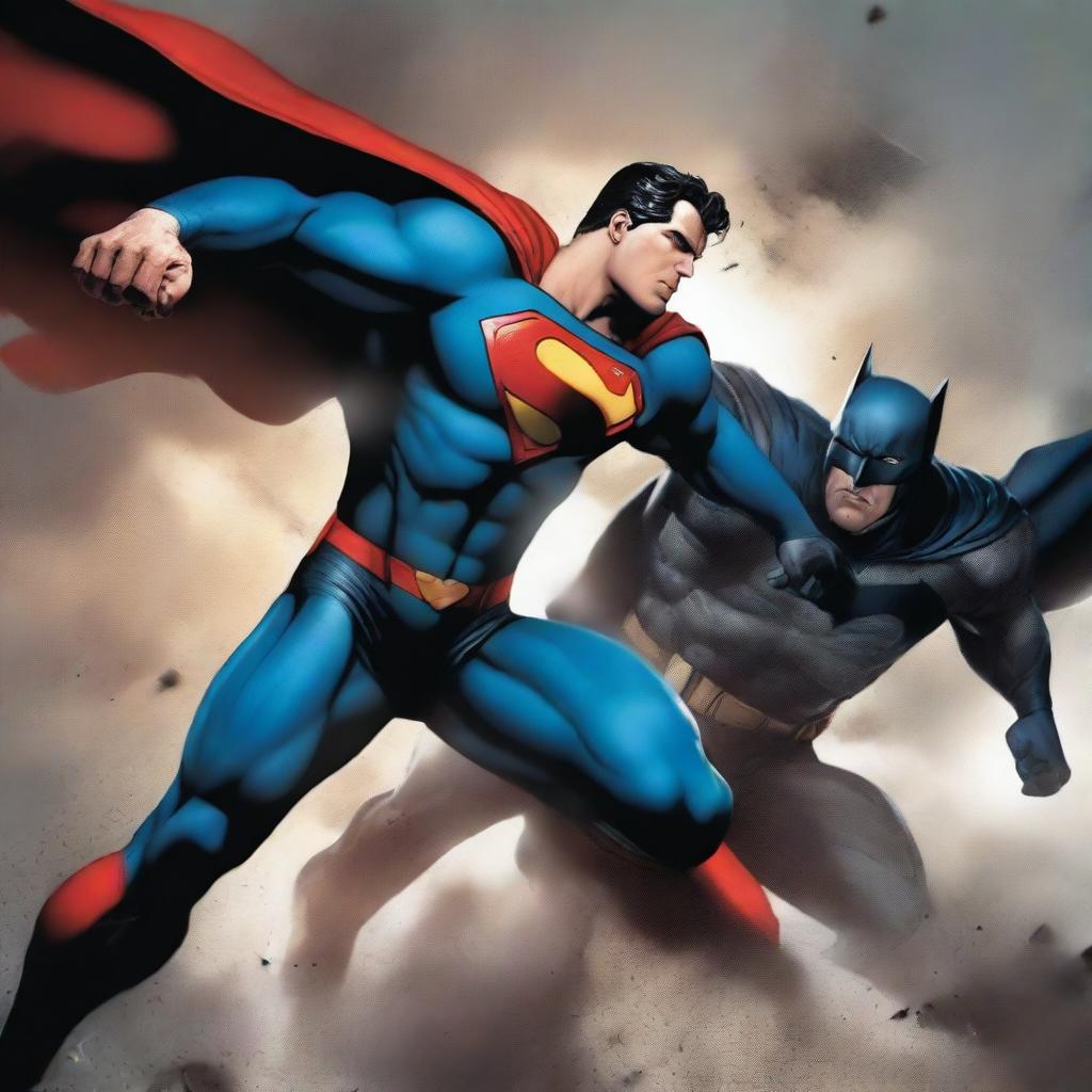 A high-quality digital art piece depicting an intense scene where Superman is engaging in a fierce battle with Batman