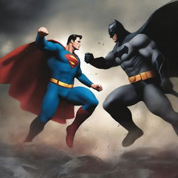 A high-quality digital art piece depicting an intense scene where Superman is engaging in a fierce battle with Batman