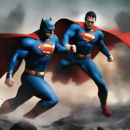 A high-quality digital art piece depicting an intense scene where Superman is engaging in a fierce battle with Batman